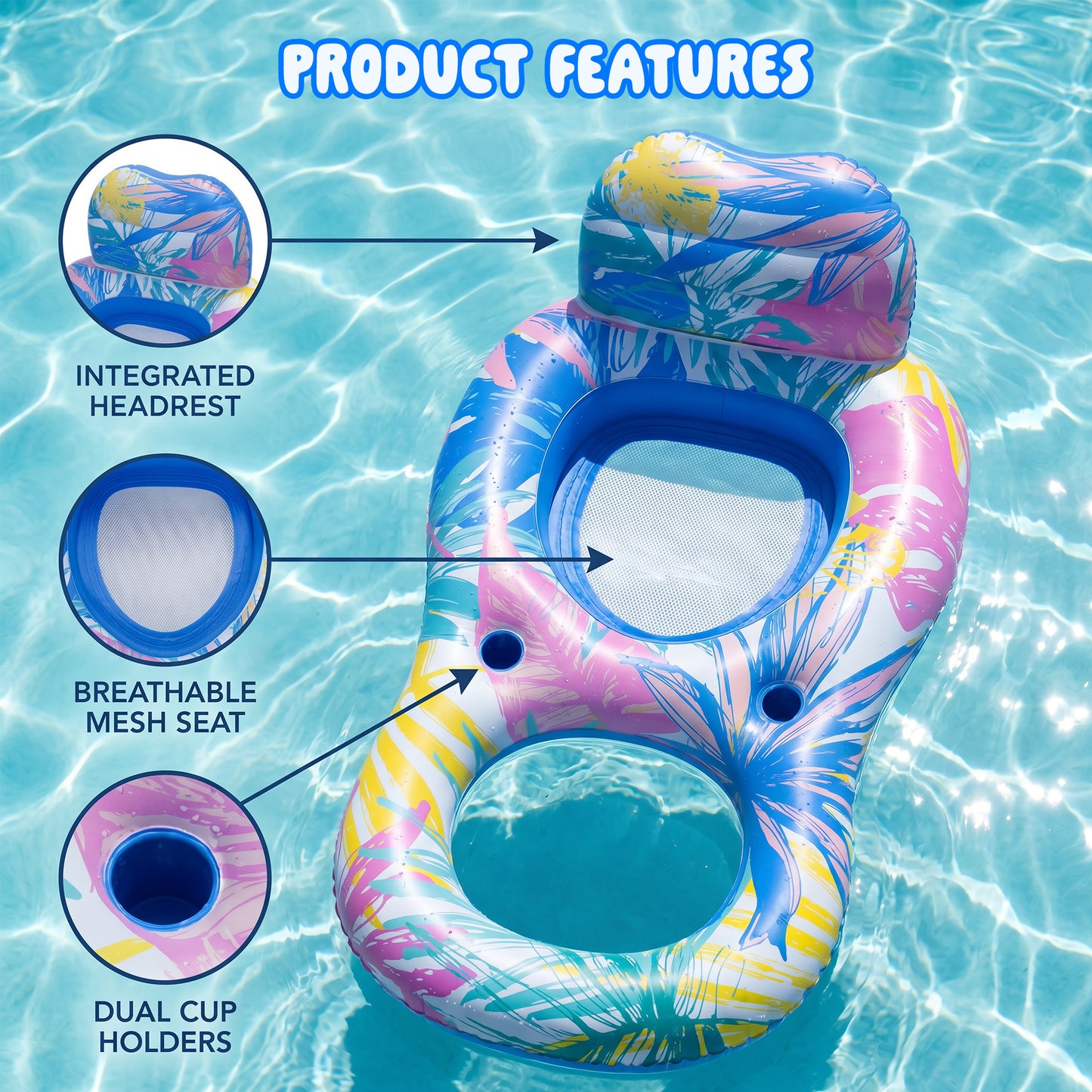 Vecukty Pink Blue Tropical Inflatable Swim Ring Pool Float, Mesh Recliner Lounge with Headrest & Cup Holders for Adults Teens,Swimming Pool Beach Floatie,Unisex