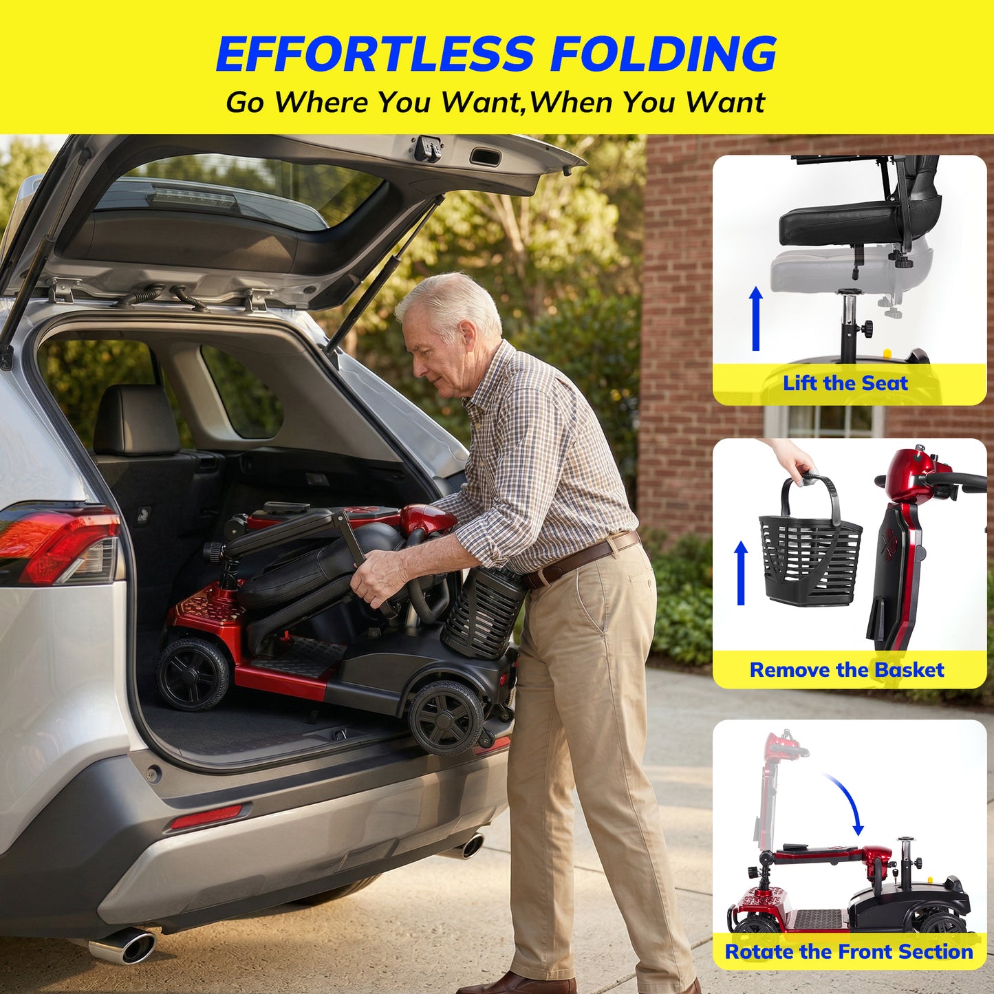 SACVON Mobility Scooter for Adults with 330 lbs Capacity,Foldable Motorized Scooter for Senior,12.5 Miles Travel,Airport Approved,Red