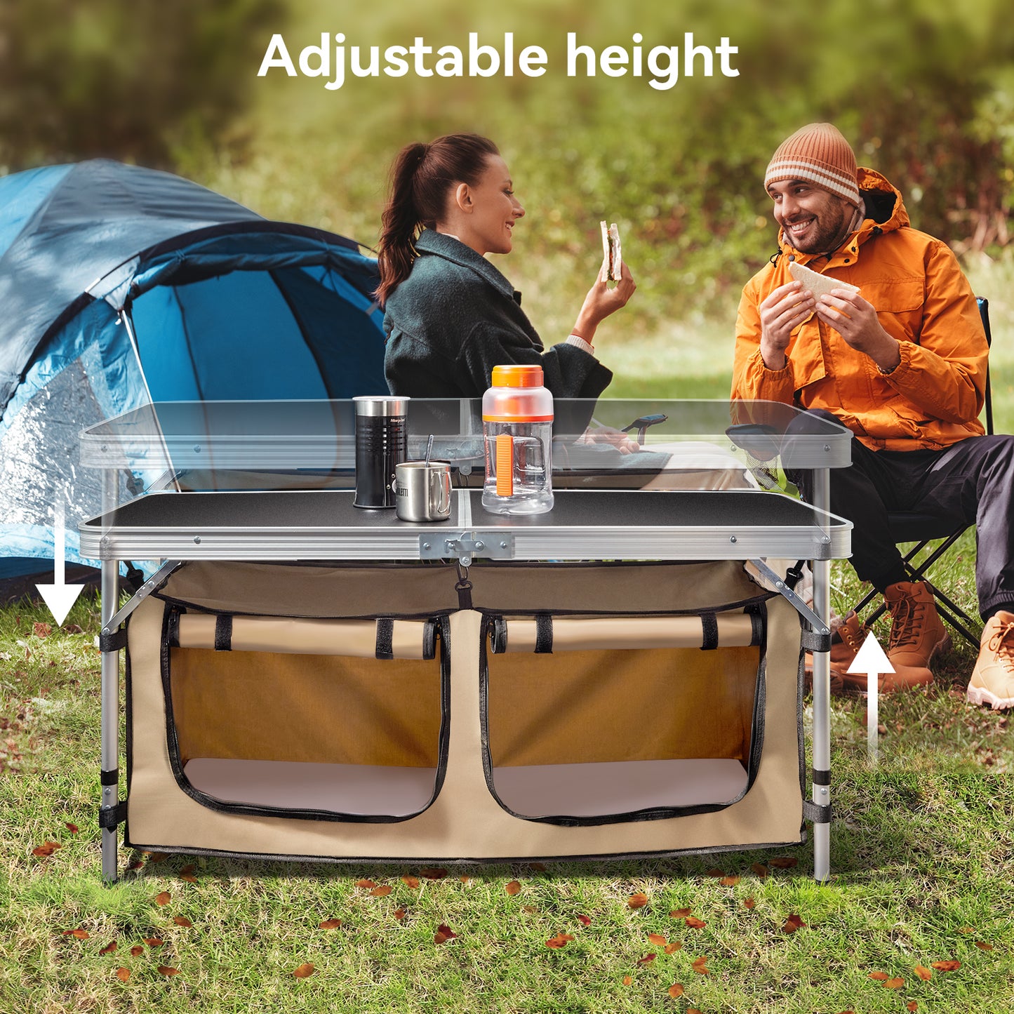 Vecukty Portable Camping Table Set - Aluminum Kitchen Station w/ Storage, Adjustable Feet & Trash Can, brown