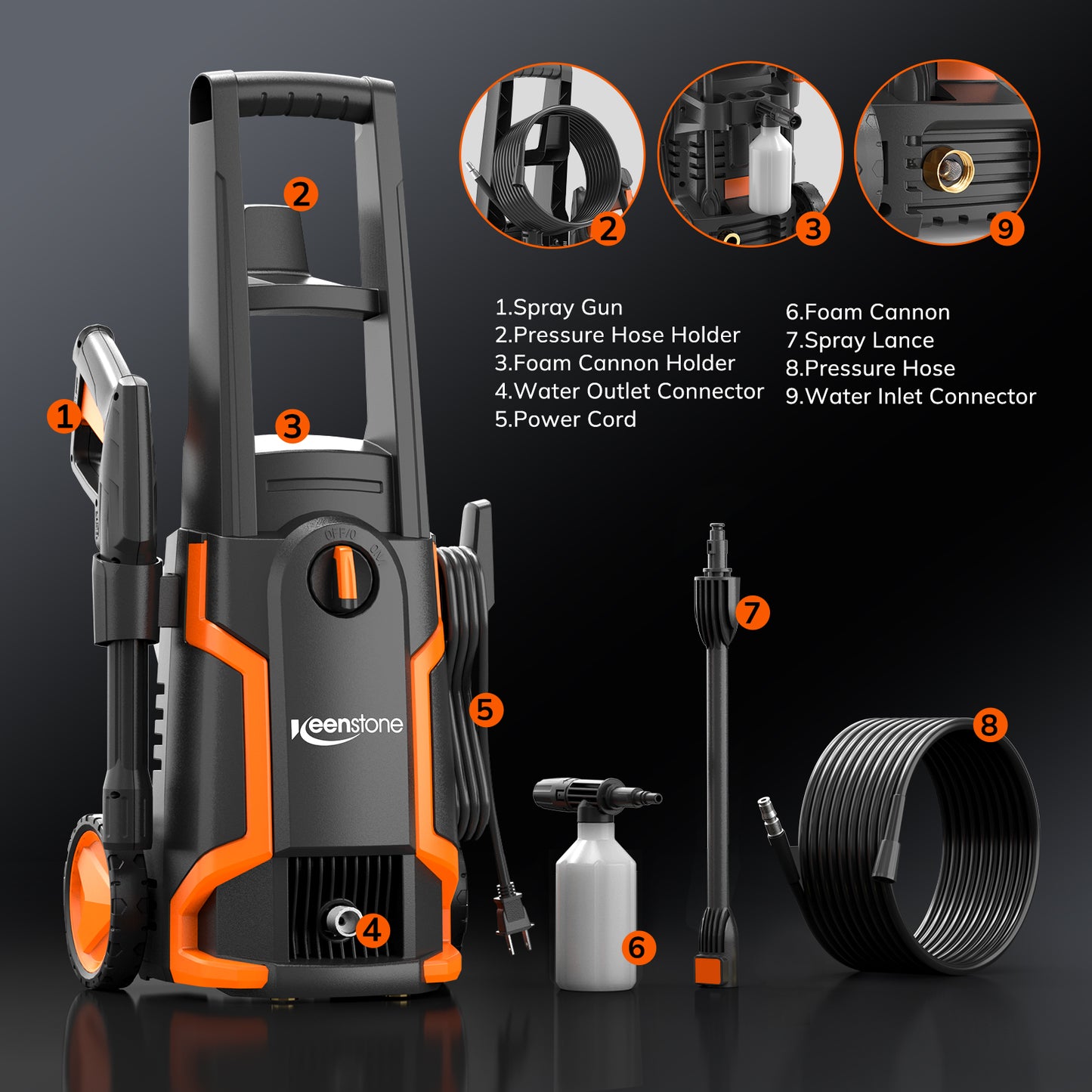 Keenstone 3600 PSI Electric Pressure Washer , Max 2 GPM 110V with Adjustable Nozzle 0-120°,Foam Cannon for Cleaning Cars Patios Driveways Fences Pools