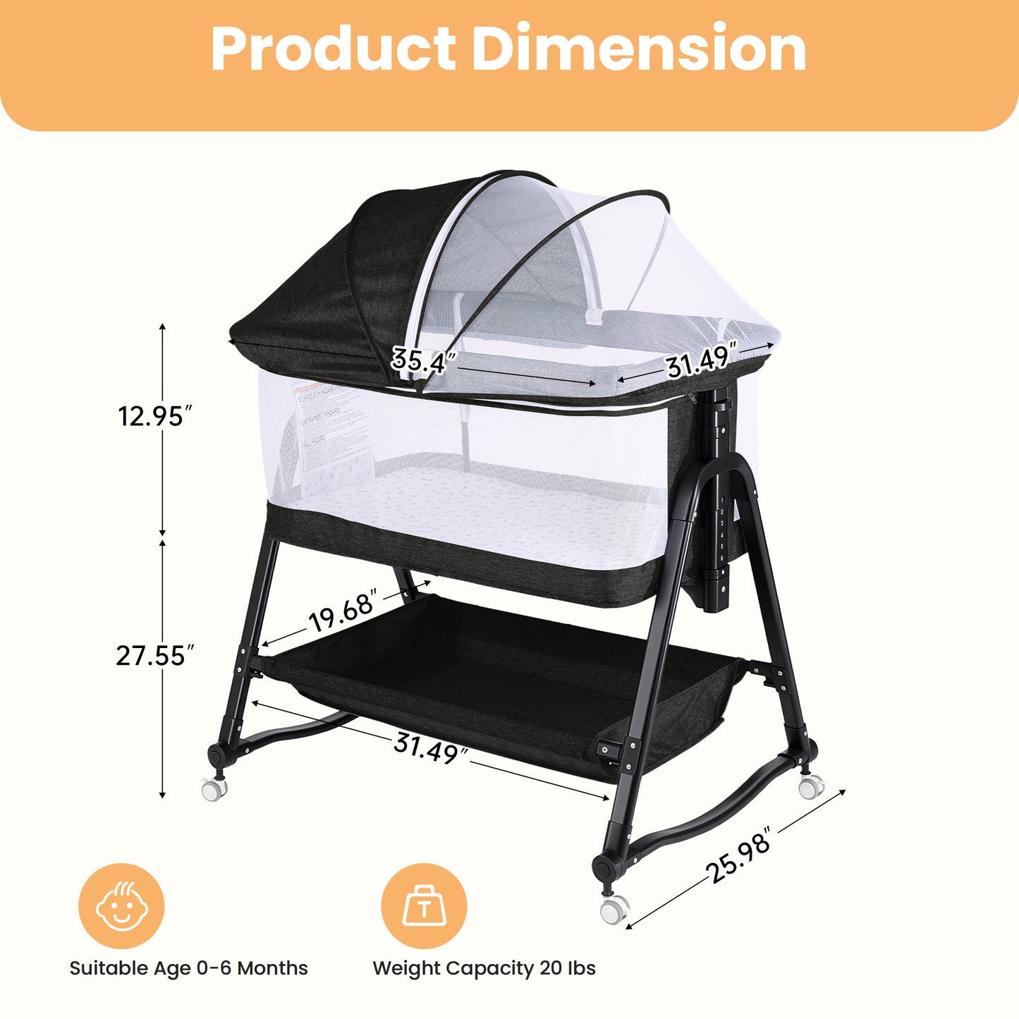 SACVON Baby Bassinet, Beside Sleeper for Baby, Bedside Bassinet with Storage Basket and Wheels to Reduce Mom's Fatigue, Black