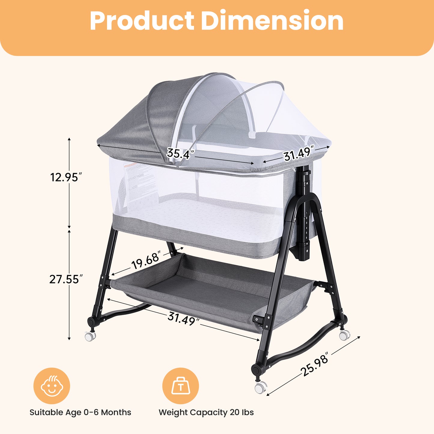 SACVON Baby Bassinet, Beside Sleeper for Baby, Bedside Bassinet with Storage Basket and Wheels to Reduce Mom's Fatigue, Gray