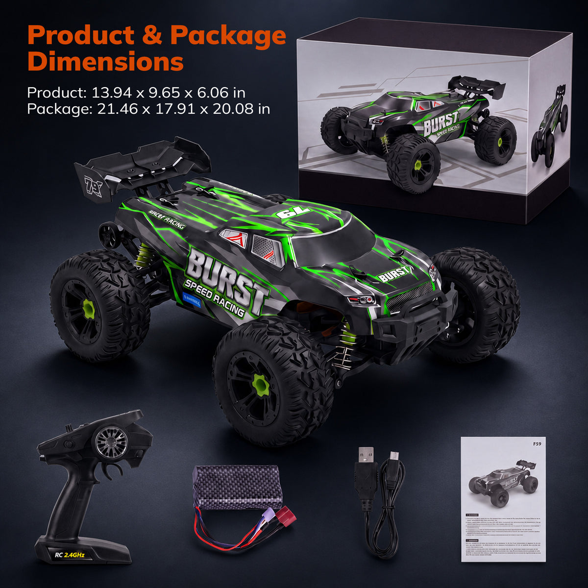 VECUKTY RC Truck 40KM/H High Speed Off-Road Monster Truck 1:14 Scale Waterproof with 2 Batteries LED Lights
