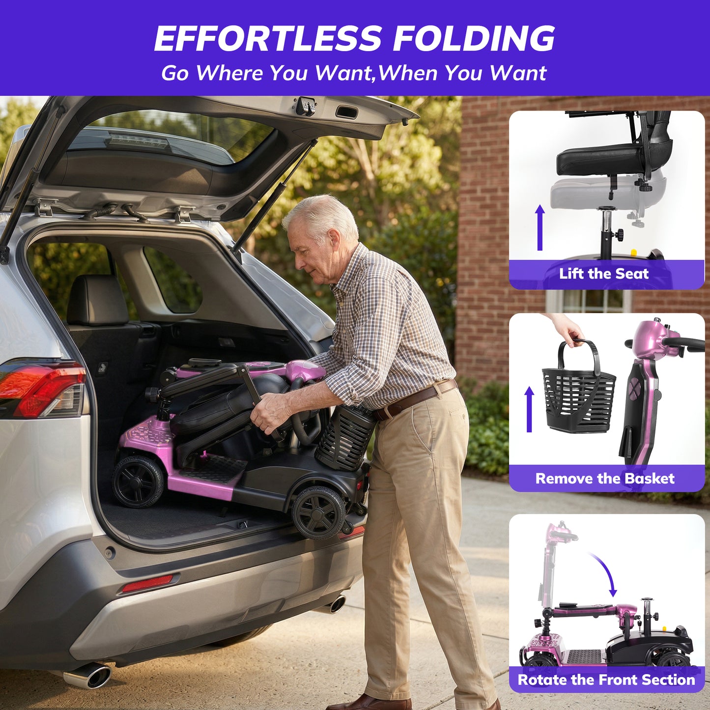 SACVON Mobility Scooter for Adults with 330 lbs Capacity,Foldable Motorized Scooter for Senior,12.5 Miles Travel,Airport Approved,Pink