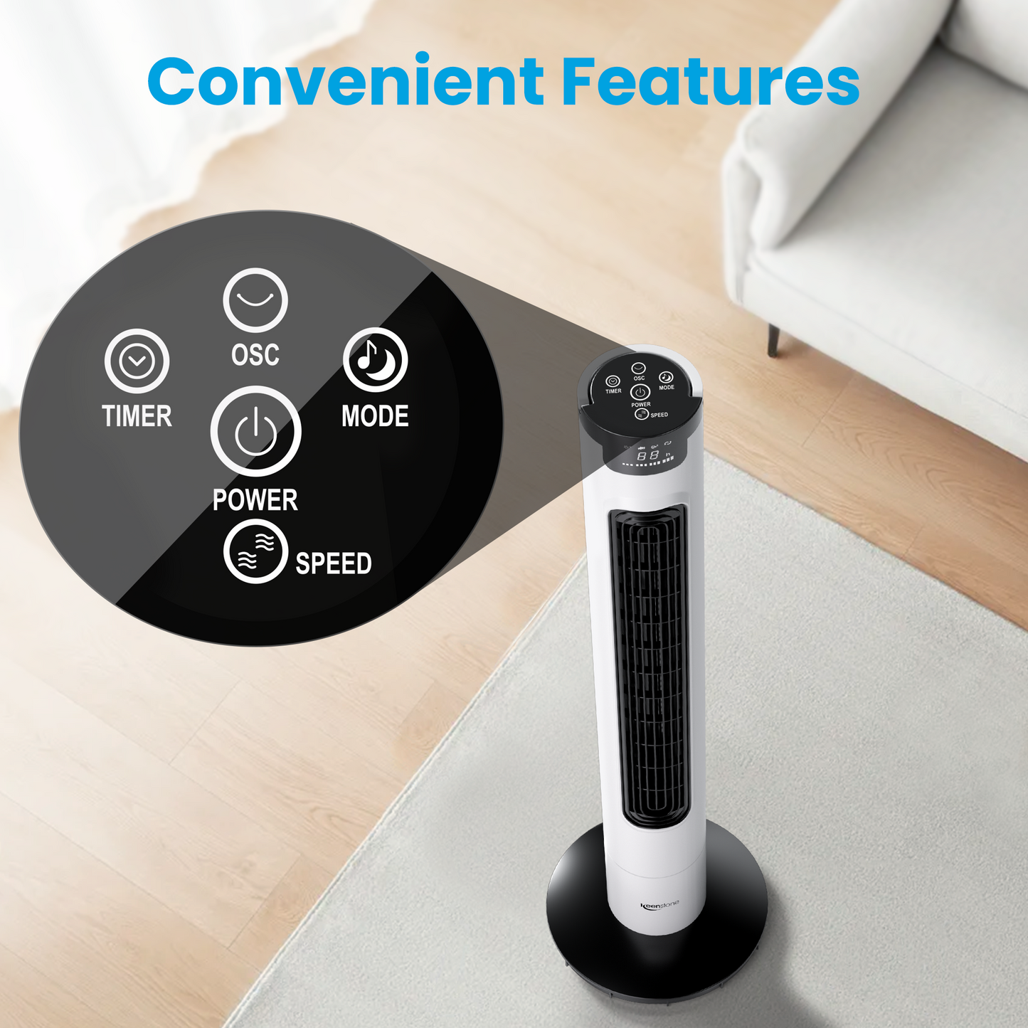 Keenstone Tower Fan for Bedroom, 38 inches Bladeless Fan with Remote Control, 75° Oscillating Fan, Quiet Floor Fan, 3 Speeds 3 Modes, 7.5H Timer, Standing Fan for Home Living Room Office - White