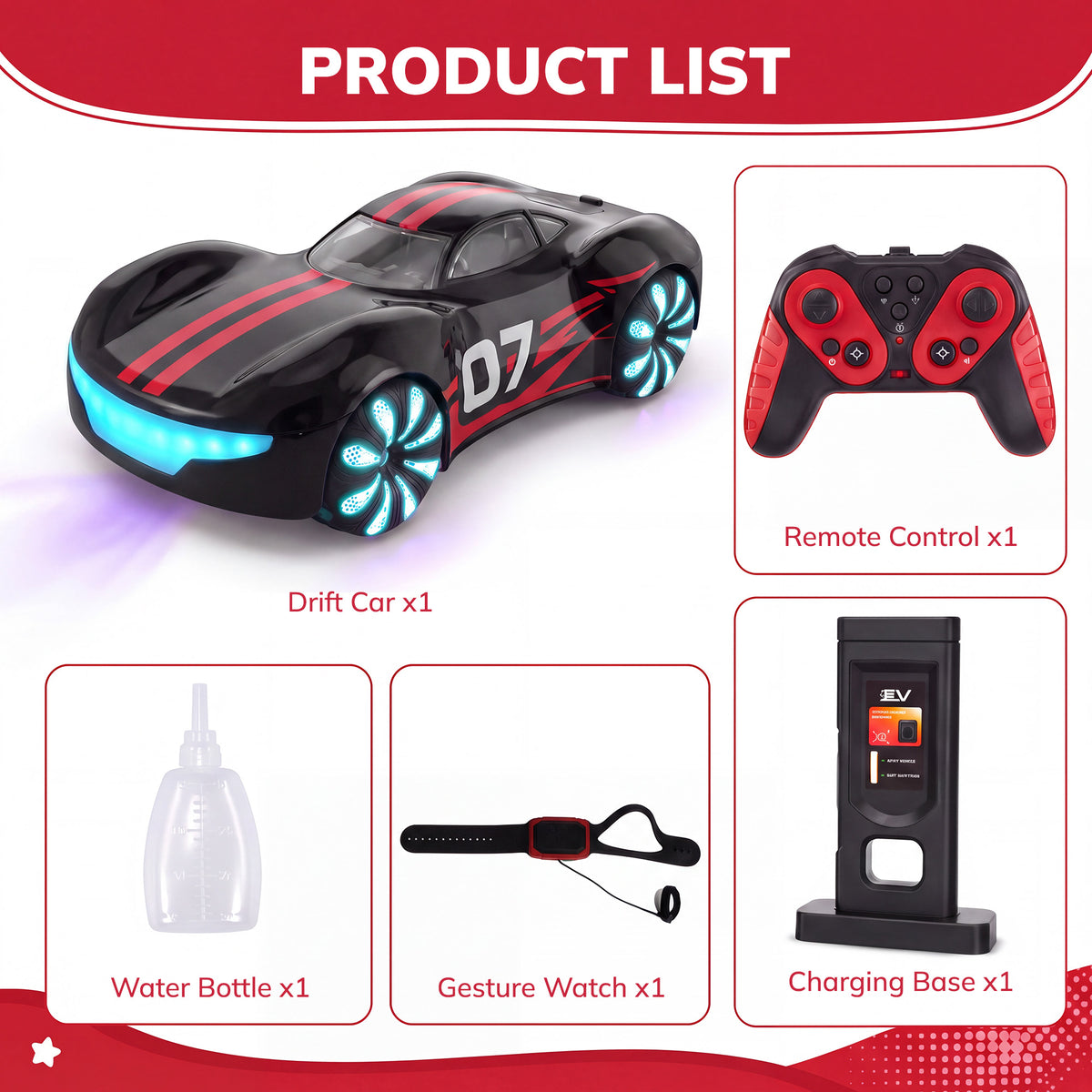 Vecukty RC Drift Stunt Car, 2.4G Remote Control Racing Car with Dual Mist Effect, LED Light Wheels, 360 Spinning & EV Charging Station