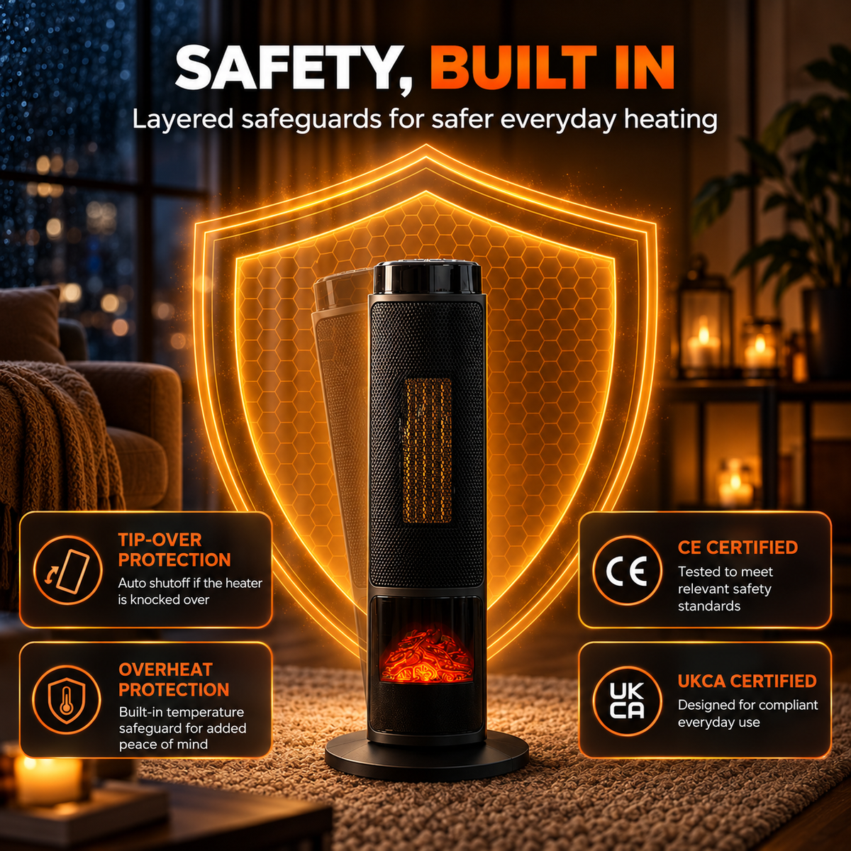 Vecukty Tower Space Heater with 3D Flame, 1500W Portable Electric Heater with Remote Control, Thermostat, 12H Timer for Home Office