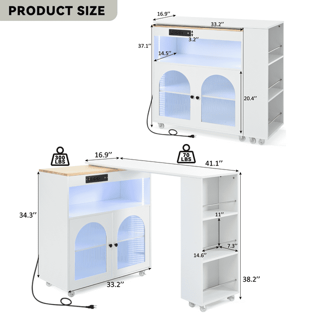 TCISA Rolling Kitchen Island Cart Extendable Table With Fluted Glass Doors, LED Lights & Power Outlets,White