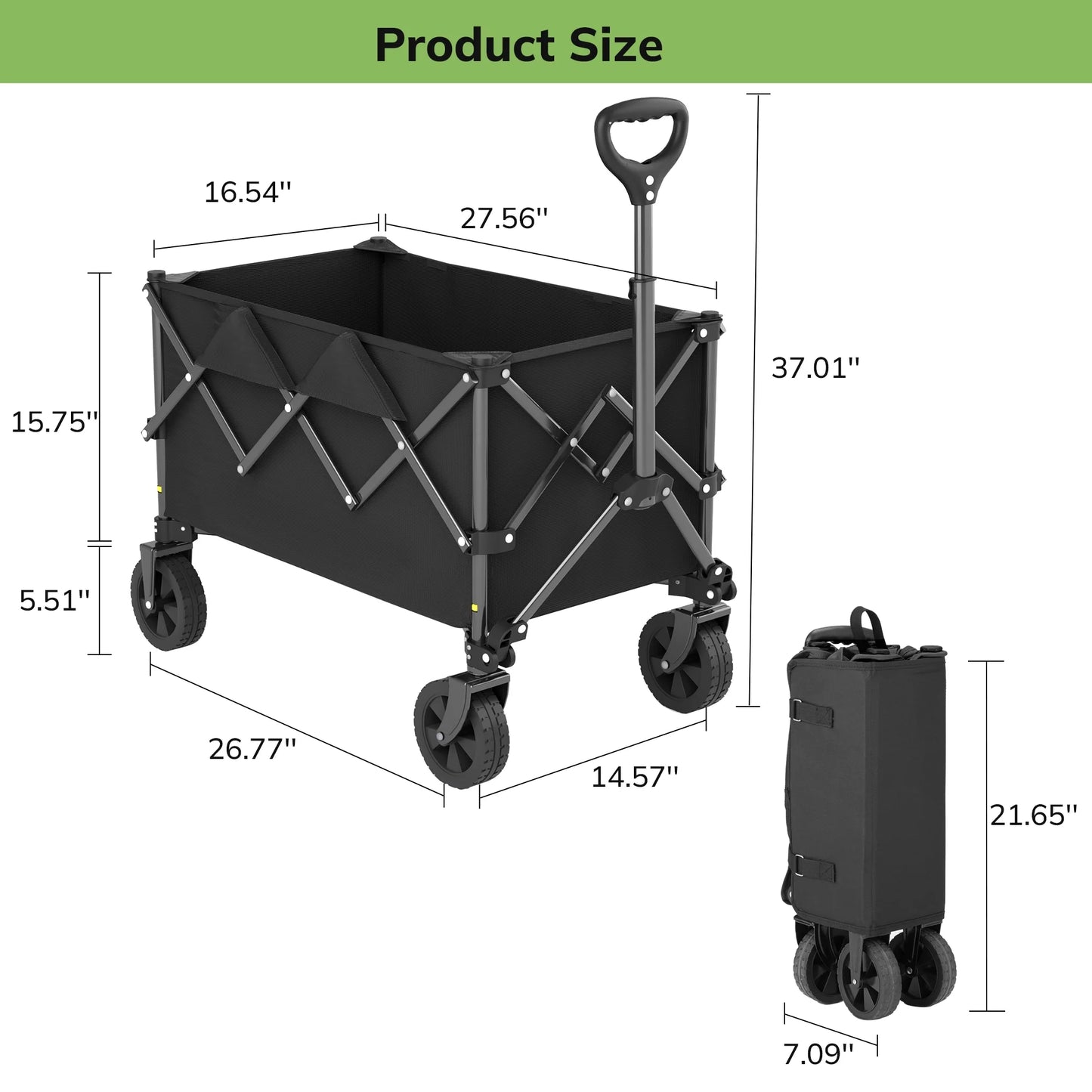 Vecukty Compact Wagon Cart, Gathered Collapsible Camping Cart,Portable Utility Grocery Wagon for Camping, Beach, Picnic, Shopping, Black