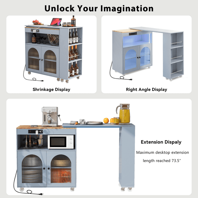 TCISA Rolling Kitchen Island Cart Extendable Table With Fluted Glass Doors, LED Lights & Power Outlets,Sky Blue
