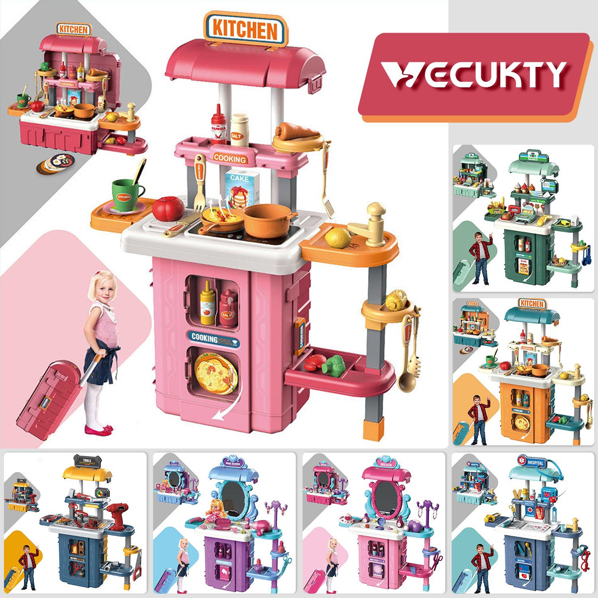 Vecukty 49Pcs Pretend Play Kitchen Set for Kids, Toy Cooking Set with Kitchen Accessories, Gift for Toddlers Girls Boys