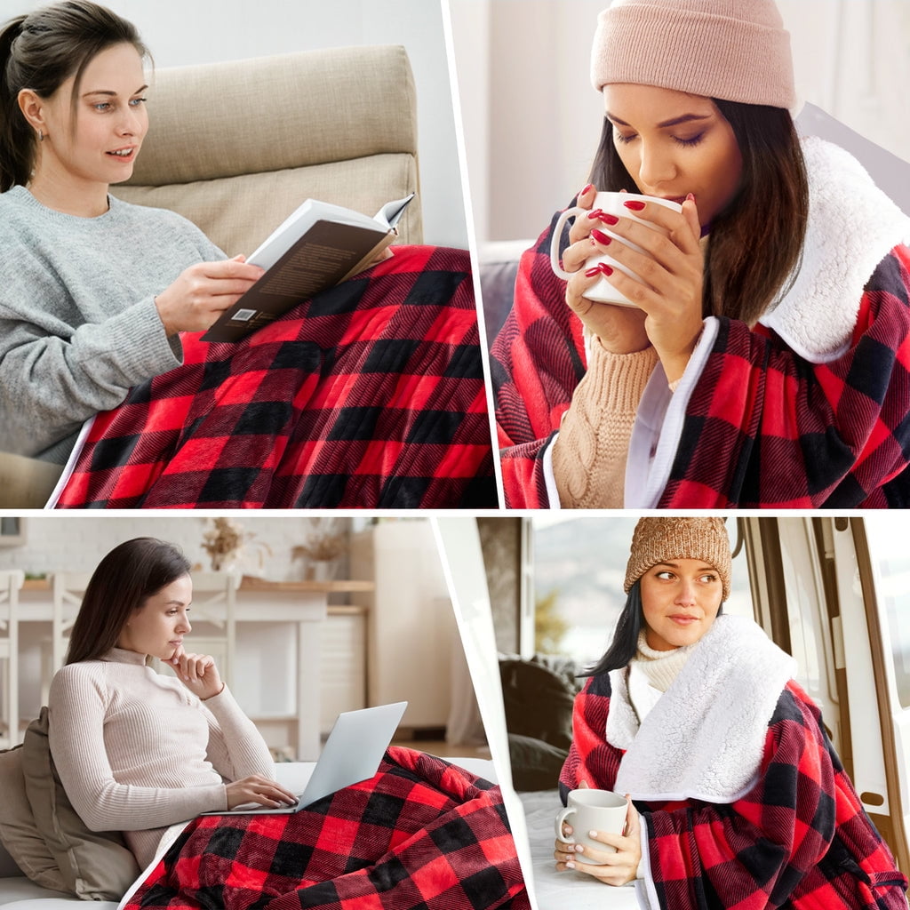 Wearable Electric Heating Blanket with Waistband and Sleeves - VECUKTY Cozy Plaid Heated Throw with 6 Heat Levels and Timer Settings - 50 x 70 inch,Red