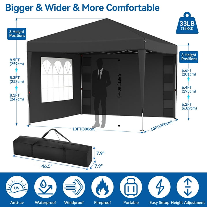 Vecukty 10' x 10' Black Sturdy Pop Up Canopy Tent, Removable Sidewalls