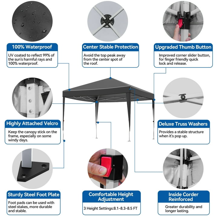 Vecukty 10' x 10' Black Sturdy Pop Up Canopy Tent, Removable Sidewalls