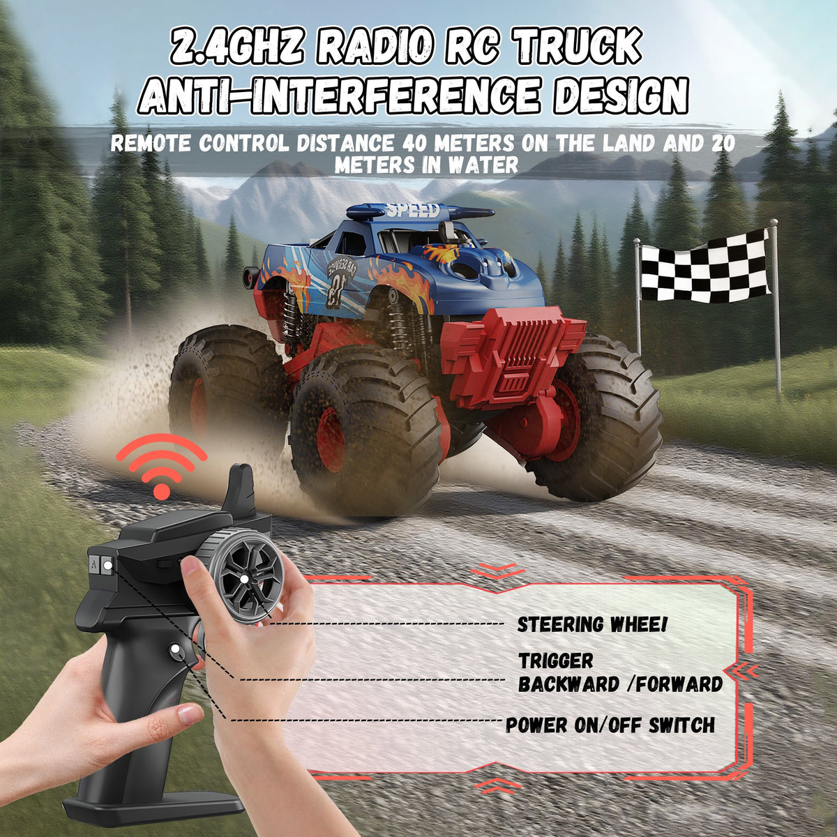 Vecukty 4WD Amphibious RC Monster Truck, Waterproof Remote Control Off Road Pickup Truck with LED Lights & Water Spray, 2.4GHz All Terrain RC Car, Toy Gift for Boys Girls Kids 4-12 Years Old