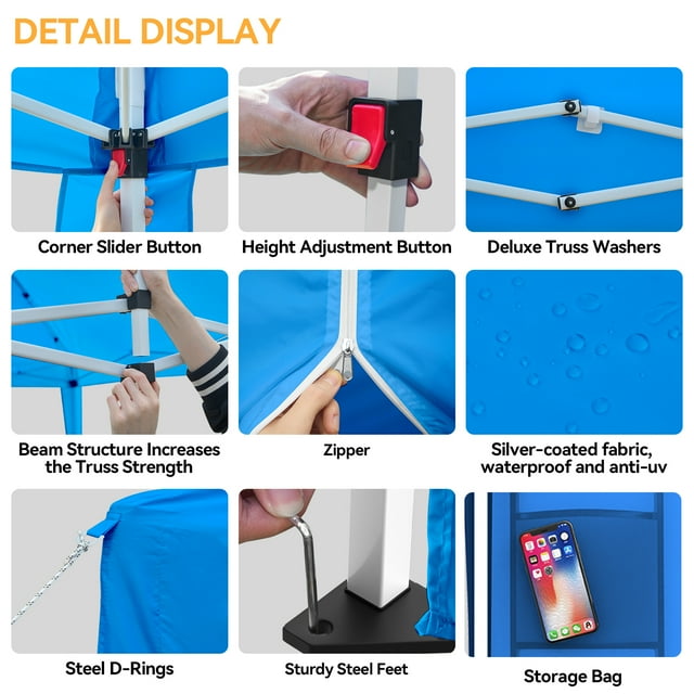 Vecukty 10 x 20 ft Blue Pop up Outdoor Canopies, Removable Sidewalls