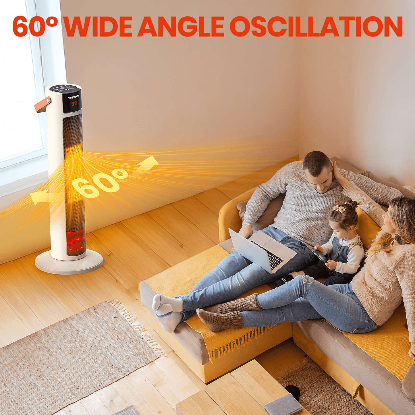 VECUKTY 26" Tower Space Heater with 3D Flame, 1500W Portable Electric Tower Electric Heater, 60 °Oscillation, 9H Timer,Remote Control for Indoor Bedroom Office Home