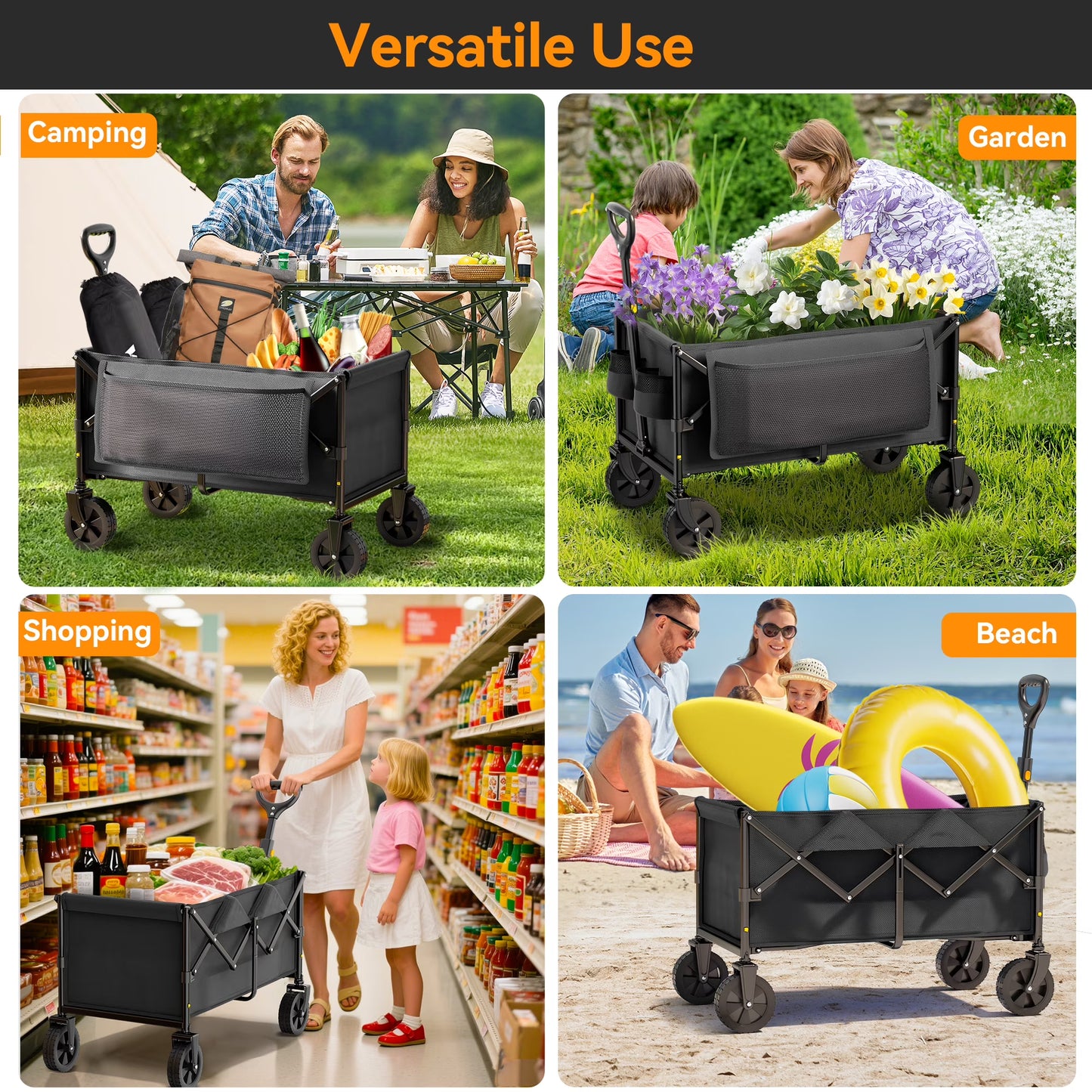Vecukty Collapsible Folding Wagon,Portable Utility Wagon Cart for Outdoor Camping, Shopping, Sports, Grocery, Kids, Black