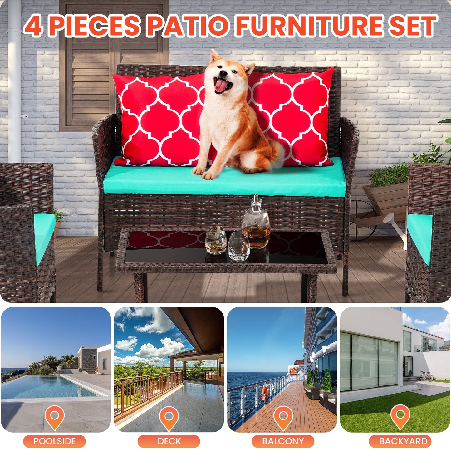 Brefac 4 PCS Patio Furniture Set with Throw Pillows Upholstered Sofa Table for Patio Backyard,Turquoise