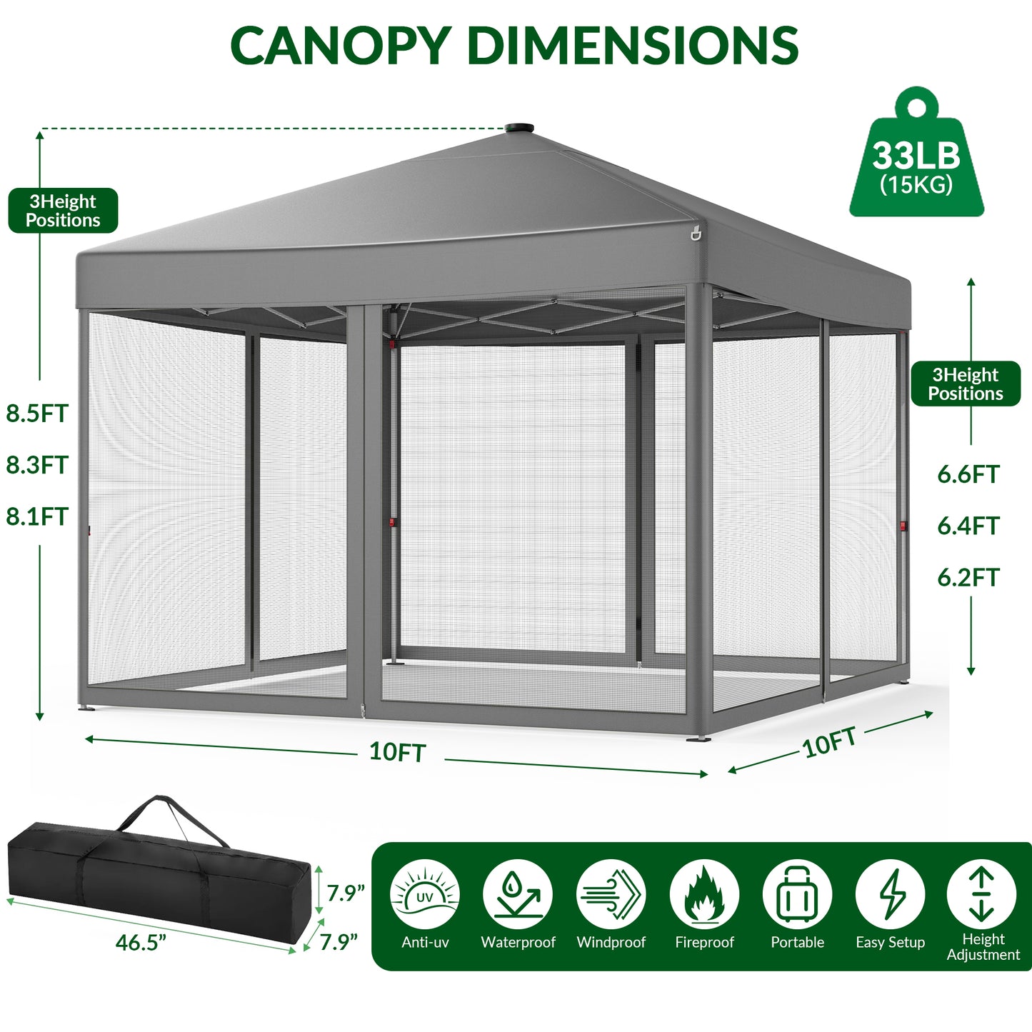 Vecukty 10x10ft Pop Up Canopy Tent with Removable Mesh Mosquito Sidewalls, Remote-Controlled 8-Color LED Lights ,Instant Outdoor Shelter Gazebo Tent,Gray