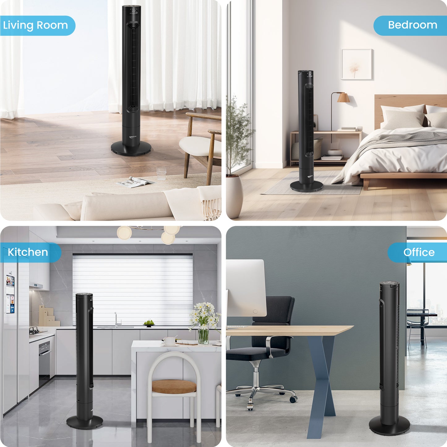 Keenstone Tower Fan for Bedroom, 38 Inch Bladeless Fan, 75° Oscillating Fan, Quiet Floor Fan with Remote, LED Display, 3 Speeds 3 Modes, 7.5H Timer, Standing Fans for Home Living Room Office - Black