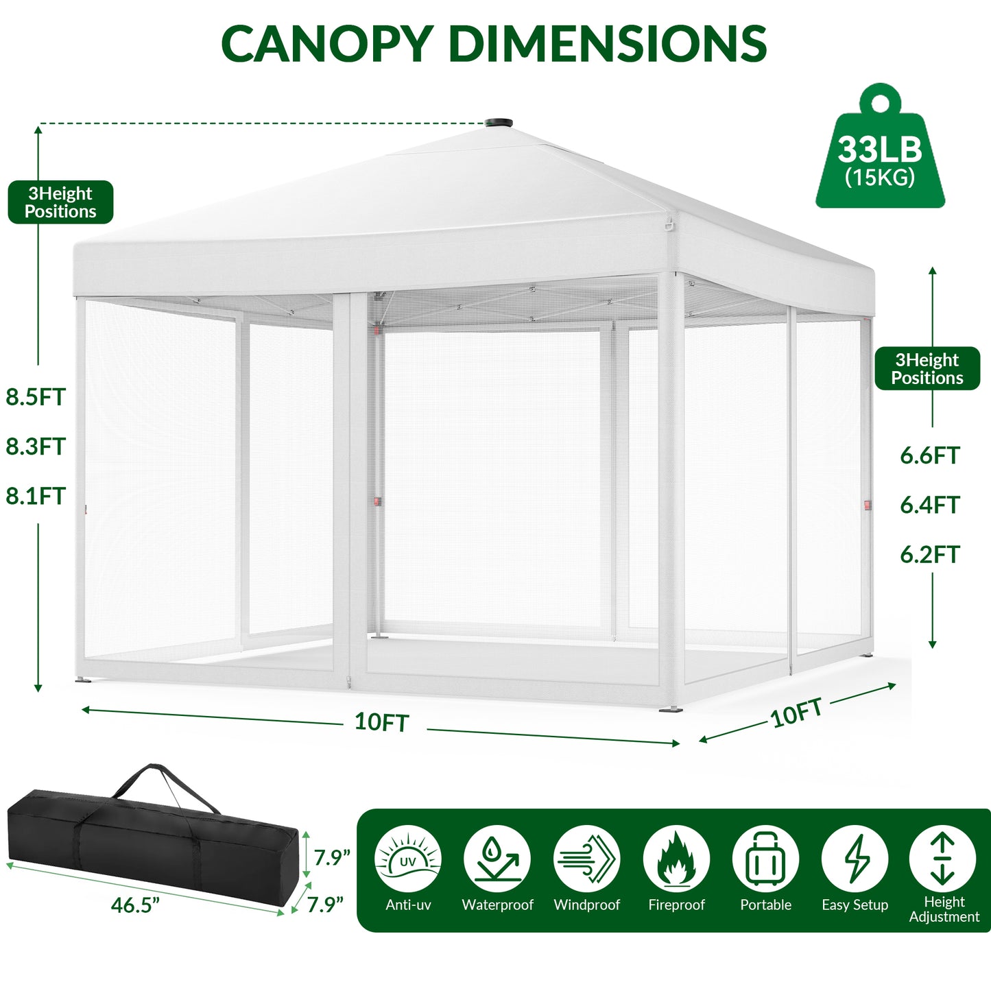 Vecukty 10x10ft Pop Up Canopy Tent with Removable Mesh Mosquito Sidewalls, Remote-Controlled 8-Color LED Lights ,Instant Outdoor Shelter Gazebo Tent, White
