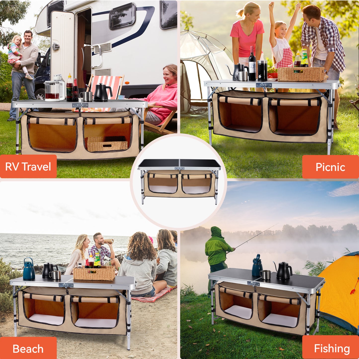 Vecukty Portable Camping Table Set - Aluminum Kitchen Station w/ Storage, Adjustable Feet & Trash Can, brown