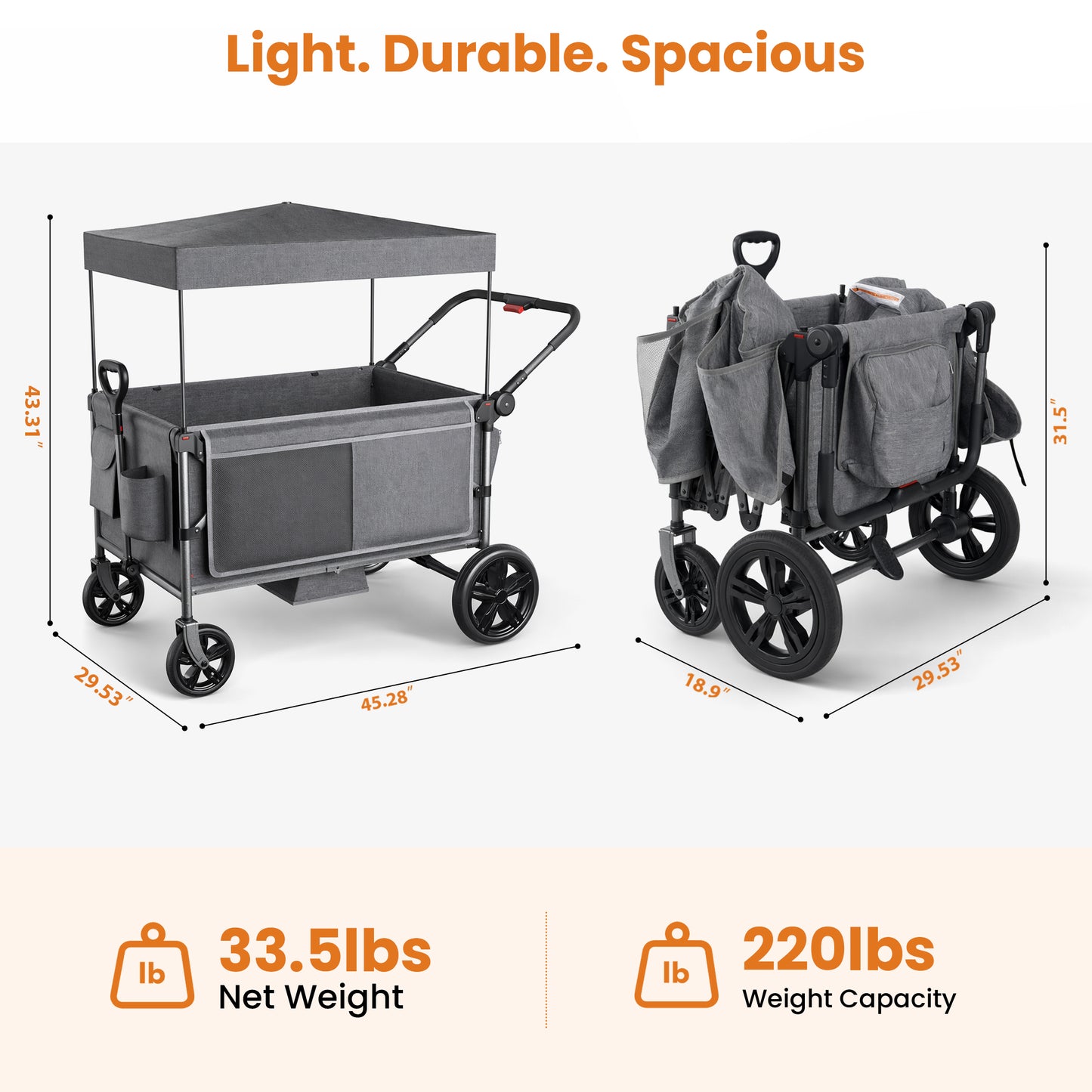 SACVON Stroller Wagon for 4 Kids with 5-Point Harnesses,Detachable Seats Stroller Wagon 4 Seater for Garden,Removable Canopy,Adjustable Handles,Camping Trips,Gray
