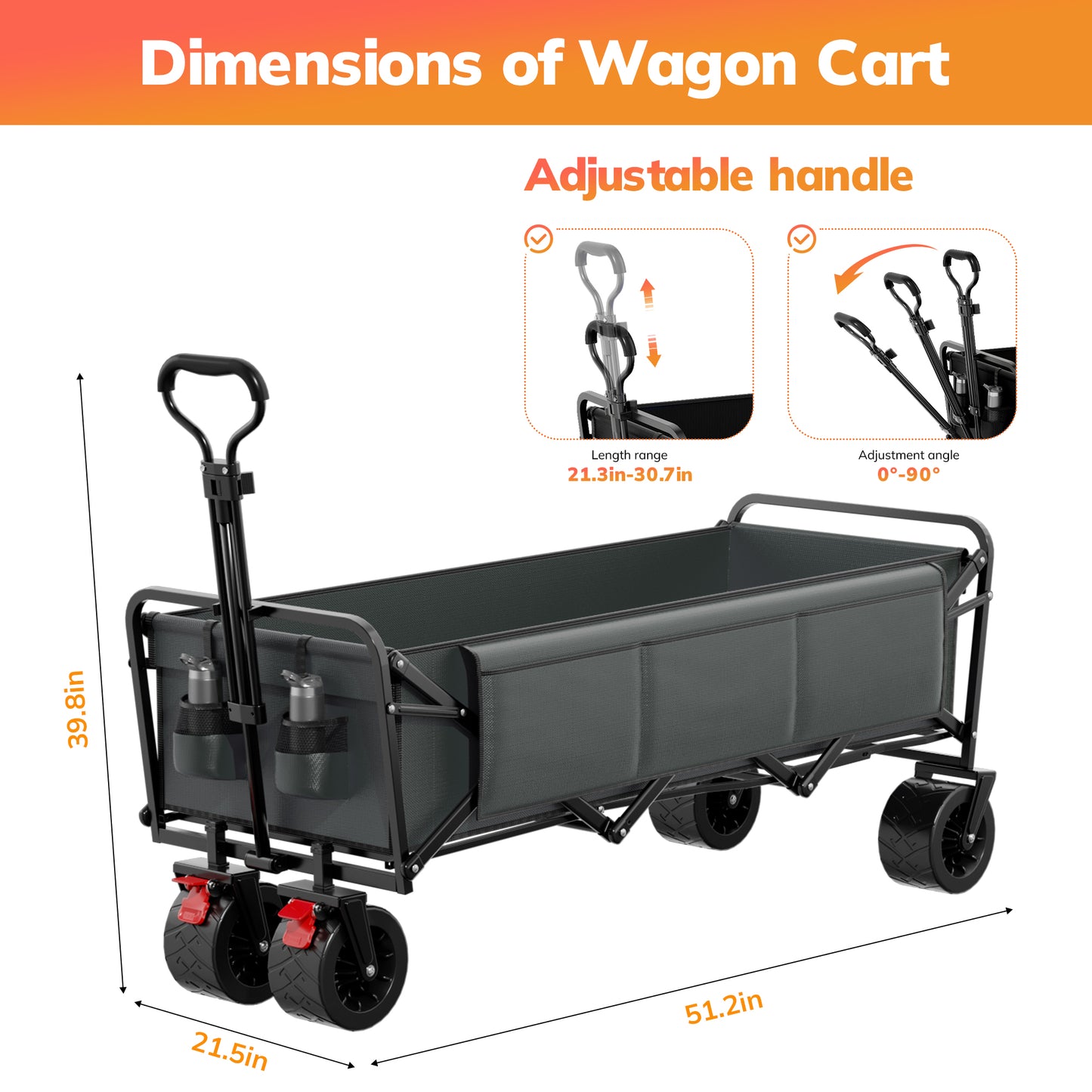 Vecukty 51.2" Large Collapsible Folding Wagon Cart, 560 lbs Load Capacity, Heavy-Duty Steel Frame & Oversized Wheels for Grocery Shopping, Camping, Sports, Moving – Gray