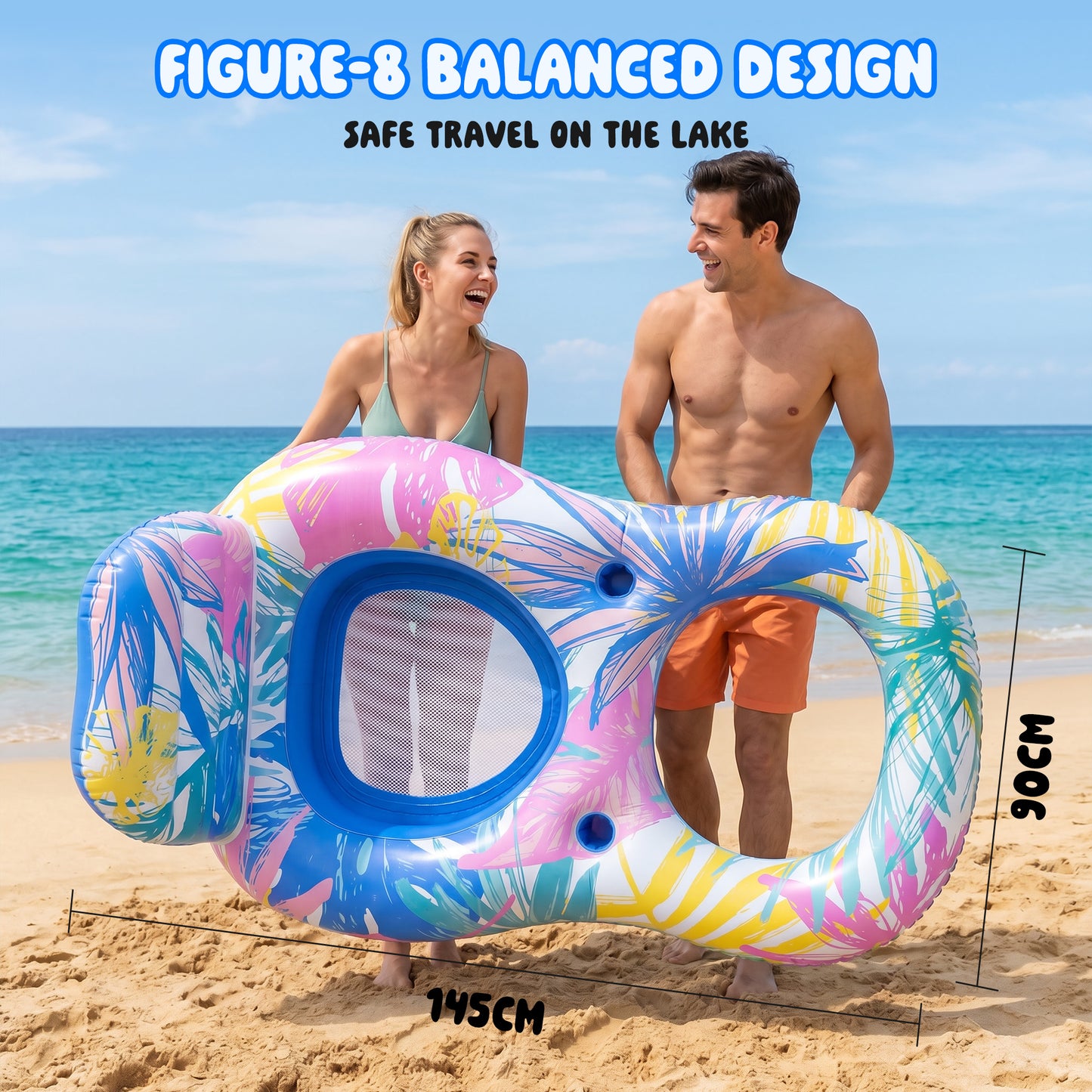 Vecukty Pink Blue Tropical Inflatable Swim Ring Pool Float, Mesh Recliner Lounge with Headrest & Cup Holders for Adults Teens,Swimming Pool Beach Floatie,Unisex