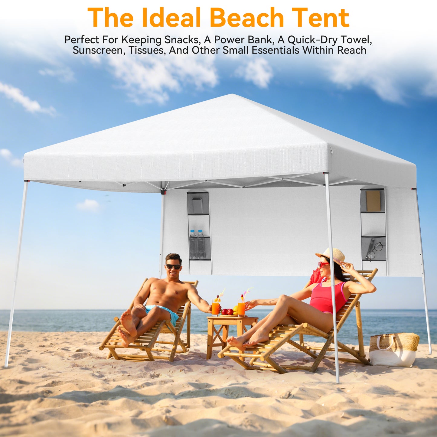 Vecukty 8ft x 8ft Top/10ft x 10ft Base Pop up Canopy Tent With Four Storage Bags For Garden,Beach Instant Tent Carry Bag,White