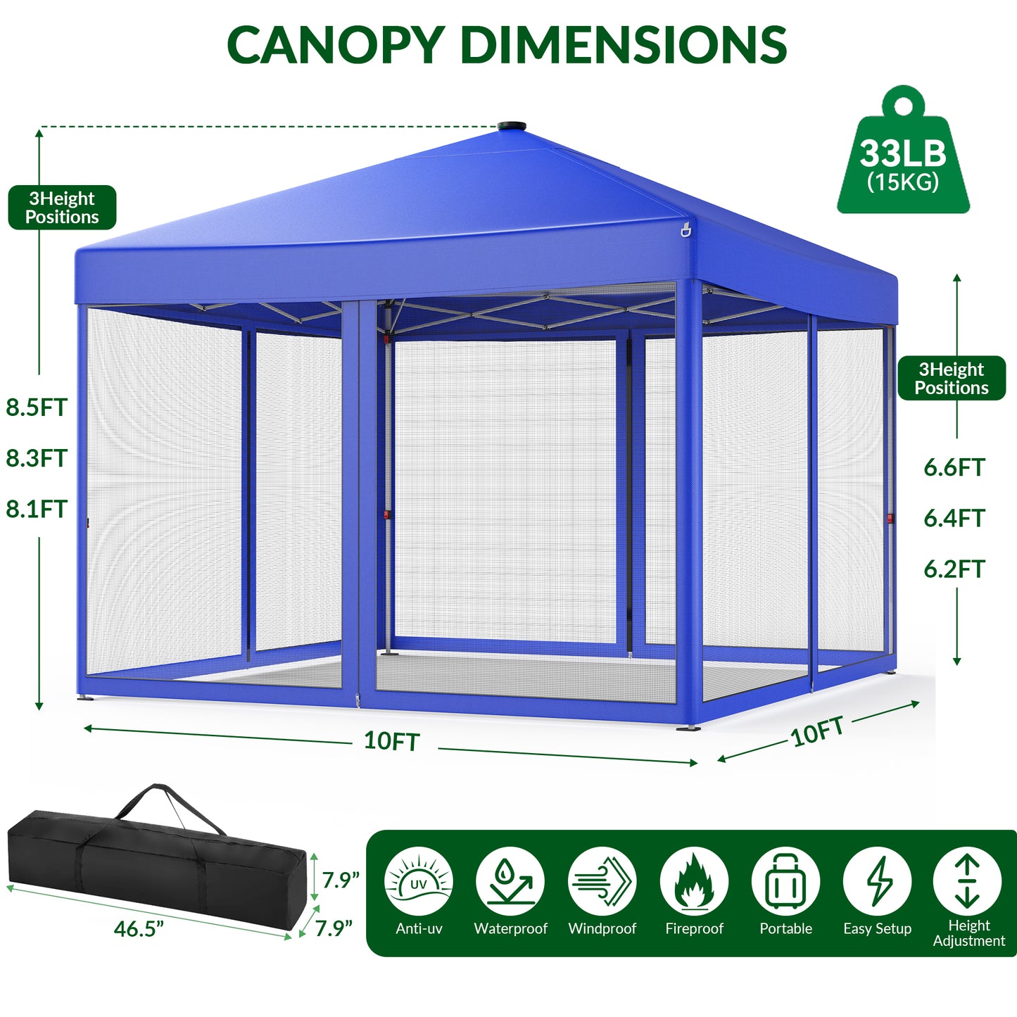 Vecukty 10x10ft Pop Up Canopy Tent with Removable Mesh Mosquito Sidewalls, Remote-Controlled 8-Color LED Lights ,Instant Outdoor Shelter Gazebo Tent,Blue
