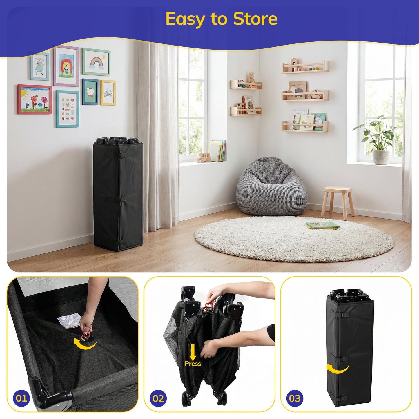 SACVON Baby Playard with Detachable Infant Bassinet and Changing Table, Foldable Travel Play Yard with Storage Basket and Wheels,Black
