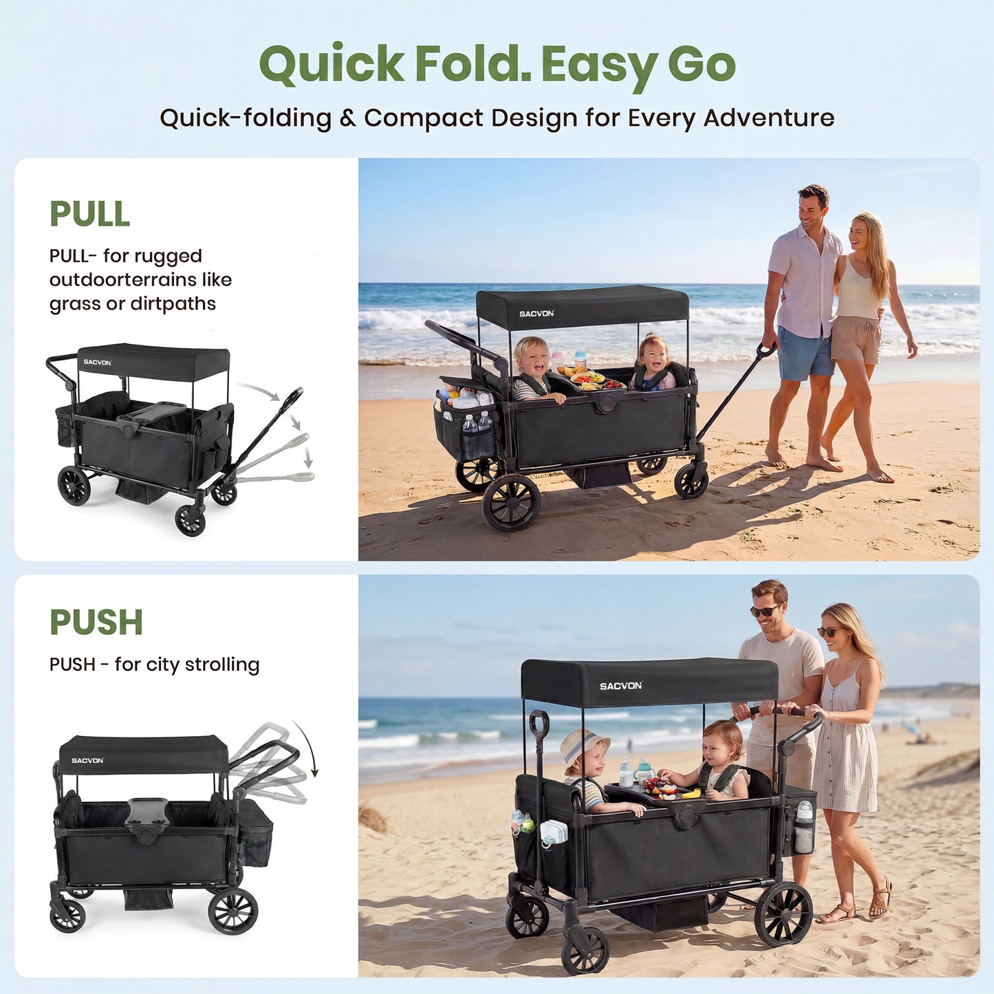 SACVON 2-Seater Stroller Wagon with Side Entry, Canopy & Snack Tray, Includes Removable Storage Bag That Converts to a Backpack-Black