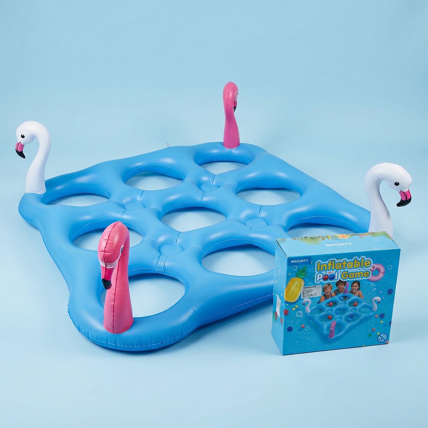 Vecukty 55.2in x 55.2in Flamingo Inflatable Pool Float Tic-Tac-Toe Game Set with 10 Balls & 4 Rings for Pool Beach Party Water Games, Unisex