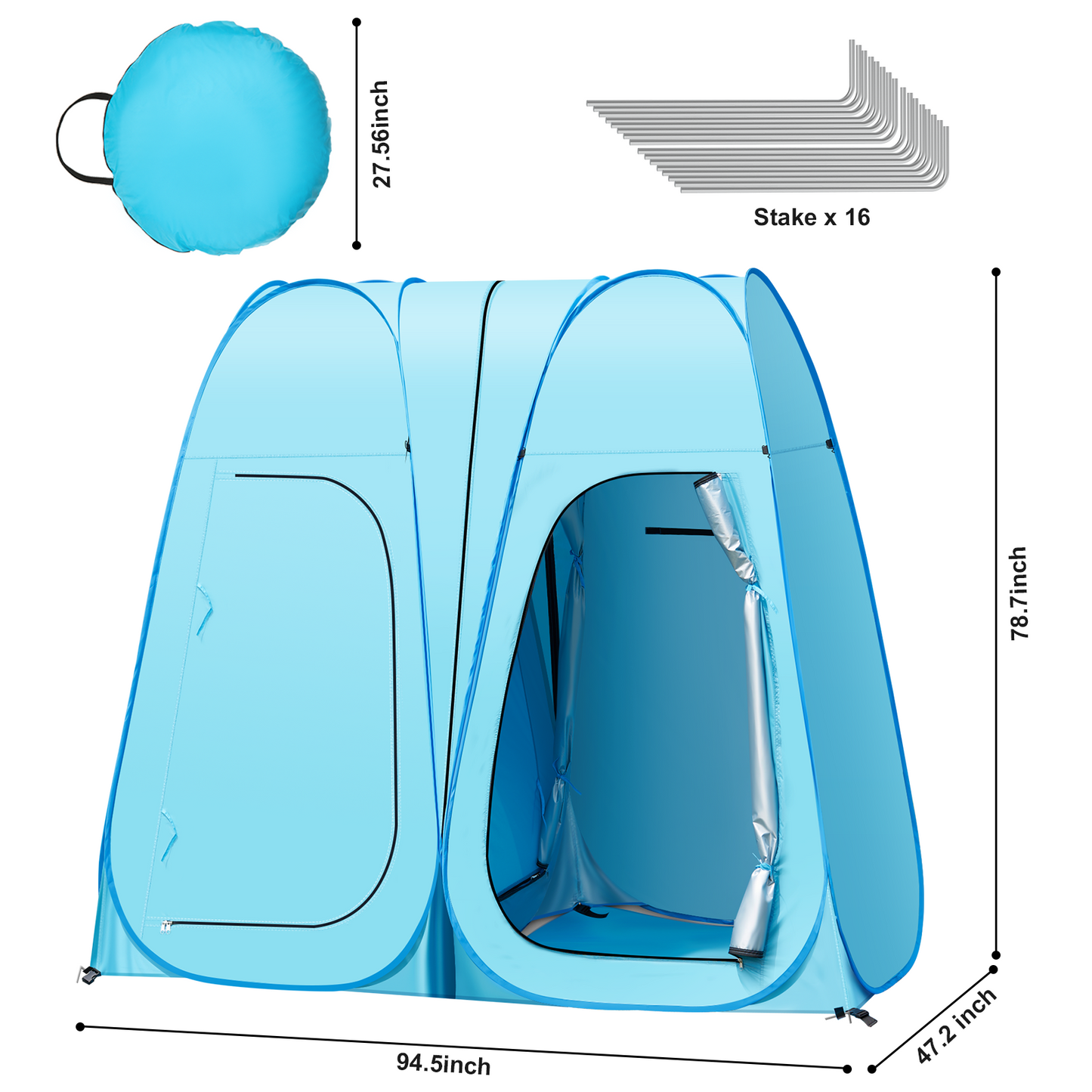 Pop Up Shower Tent, Vecukty 94.5x47.2x78.7inch Upgrade Double Privacy Tent, Porta-Potty Tent,Blue