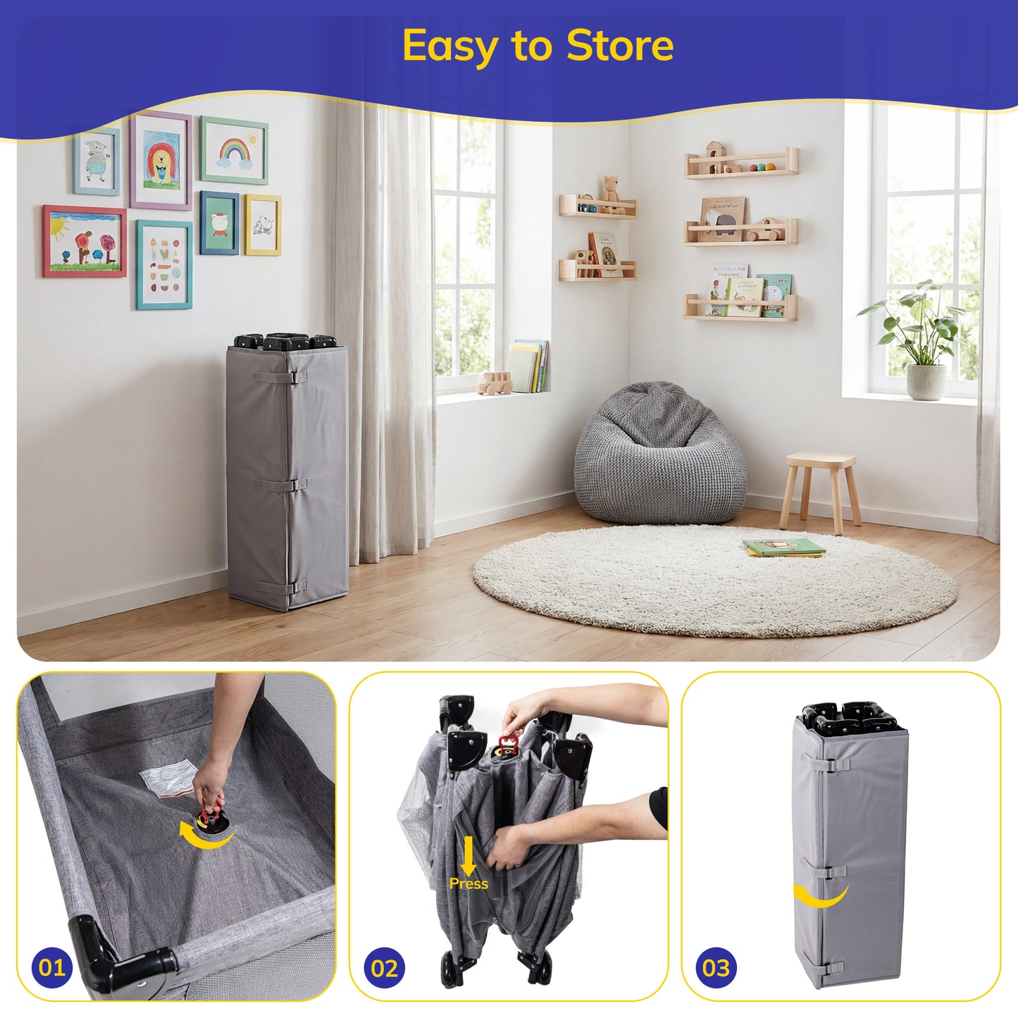 SACVON Portable Baby Playard with Bassinet & Changing Station | Bedside Crib | Removable Storage Organizer | Gray