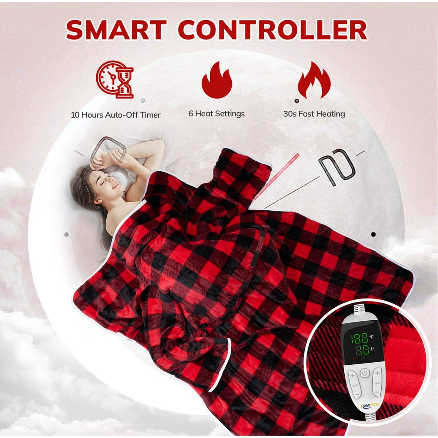 Wearable Electric Heating Blanket with Waistband and Sleeves - VECUKTY Cozy Plaid Heated Throw with 6 Heat Levels and Timer Settings - 50 x 70 inch,Red