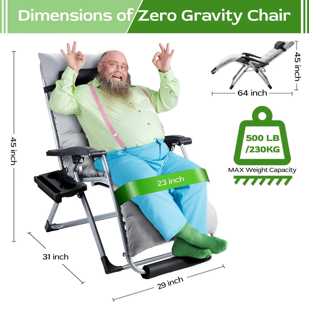 VECUKTY XL Oversize Zero Gravity Chair - 500lb Capacity, 29-Inch Wide Padded Seat, Folding Travel Recliner for Outdoor / Indoor Use - Patio, Lawn,Grey,Portable and Heavy Duty