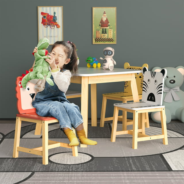 TCISA 5-Piece Kids' Wood Table Set with 4 Chairs - Cartoon Animal Design for Ages 3-8