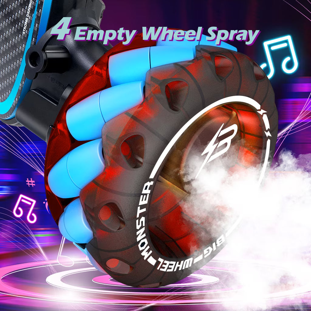 Vecukty 1:10 RC Twisting Stunt Car with Giant Wheels, Water Mist Function, Lights and Music, 2.4GHz Remote Control Toy Car, Blue