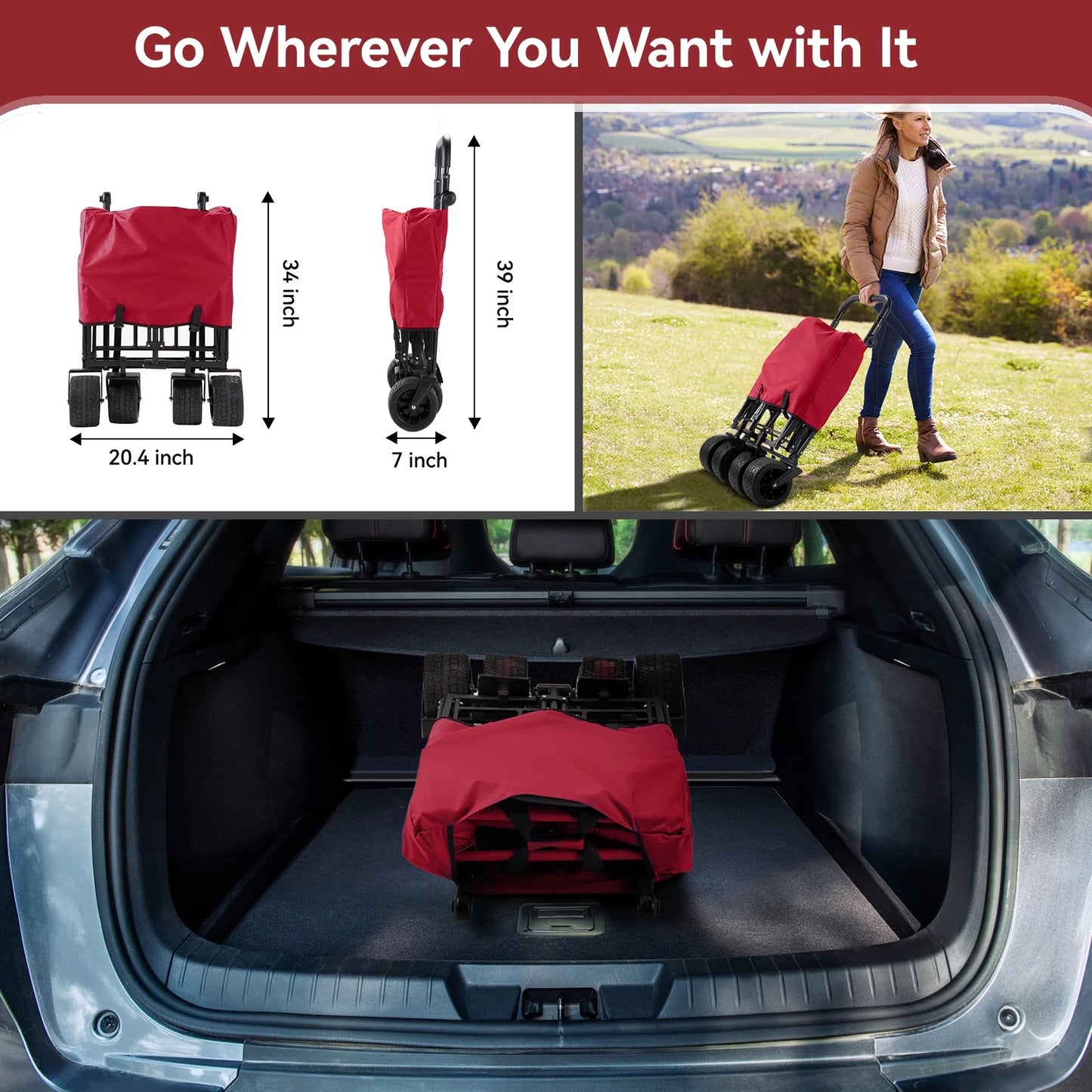 VECUKTY Collapsible Garden Wagon Cart with Removable Canopy Red
