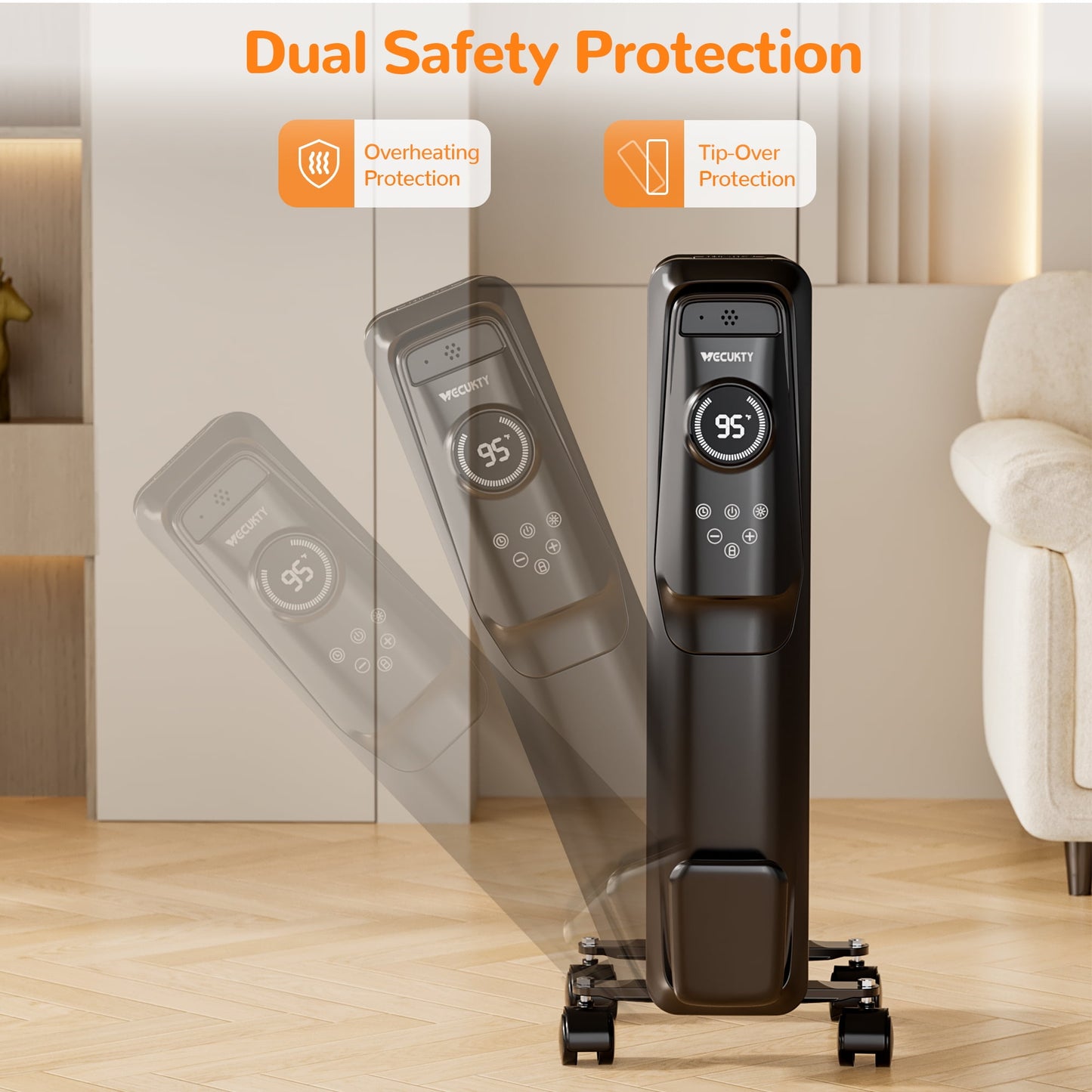 VECUKTY 1500W Oil Radiator Heater, Electric Oil Filled Space Heater Radiator with Remote Control,Child Lock,3 Modes,Overheat & Tip-Over Protection，24h Timer Digital Thermostat,Black