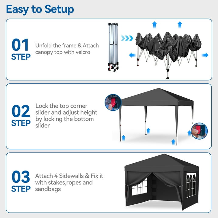 Vecukty 10' x 10' Black Sturdy Pop Up Canopy Tent, Removable Sidewalls
