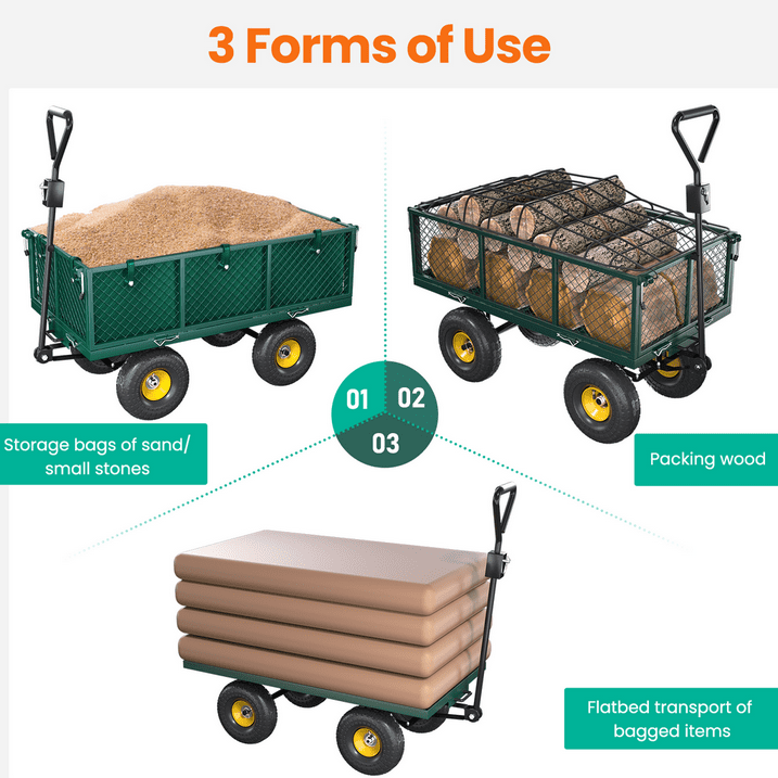 VECUKTY Heavy Duty Steel Dump Garden Cart with Liner, 900lbs Capacity Folding Utility Metal Wagon 3 Cu ft 10" Wheel, Green