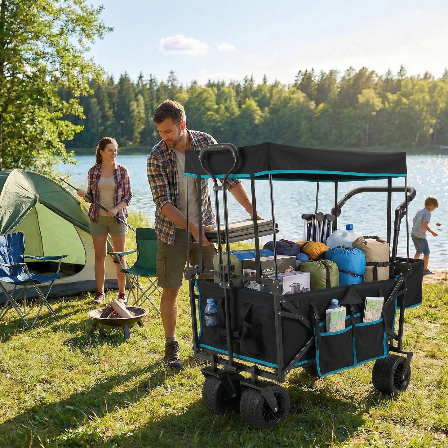 VECUKTY Collapsible Garden Wagon Cart with Removable Canopy Black