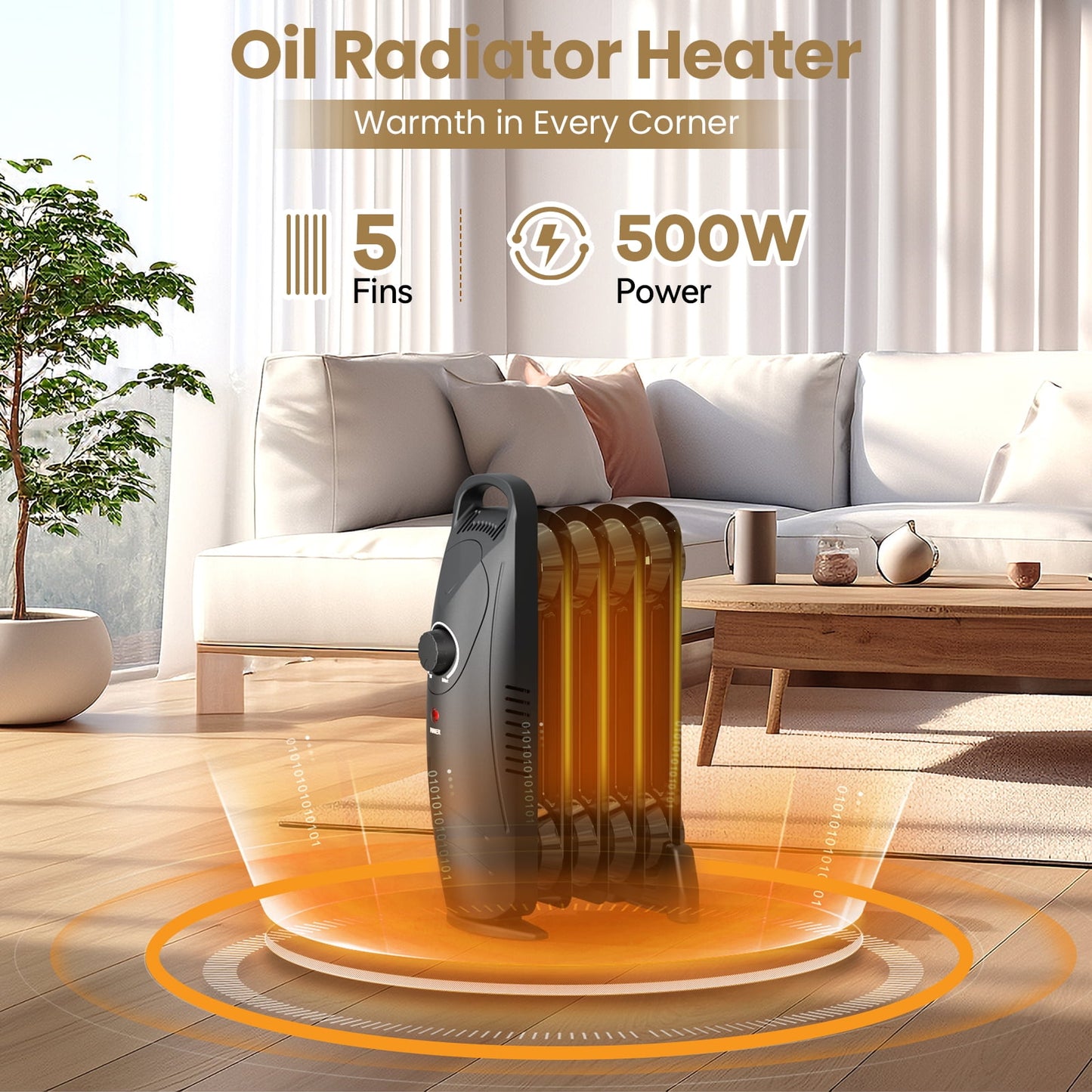 VECUKTY Mini Oil Heater, 500W Quiet Oil-Filled Radiator Heater with Thermostat, Overheat Protection, 2 Heat Settings, Electric Space Heater for Indoor Use