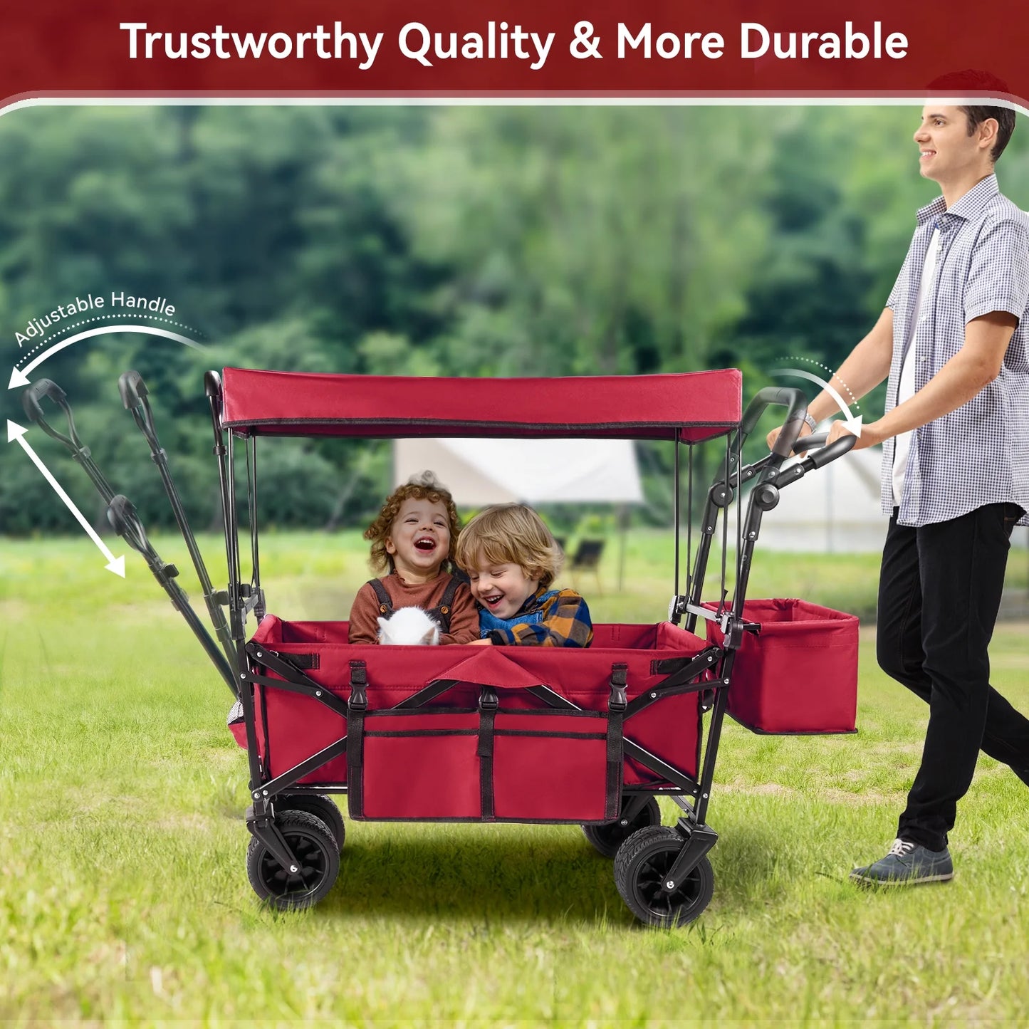 VECUKTY Collapsible Garden Wagon Cart with Removable Canopy Red