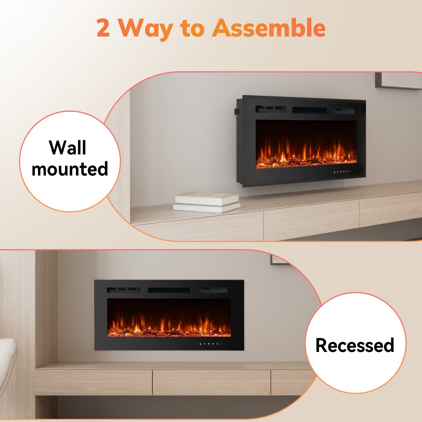 Eunon 36" Electric Fireplace, Recessed and Wall Mounted Low Noise Ultra Thin Thermostatic Fireplace Remote Control with Timer, Touch Screen, Adjustable Flame Colors