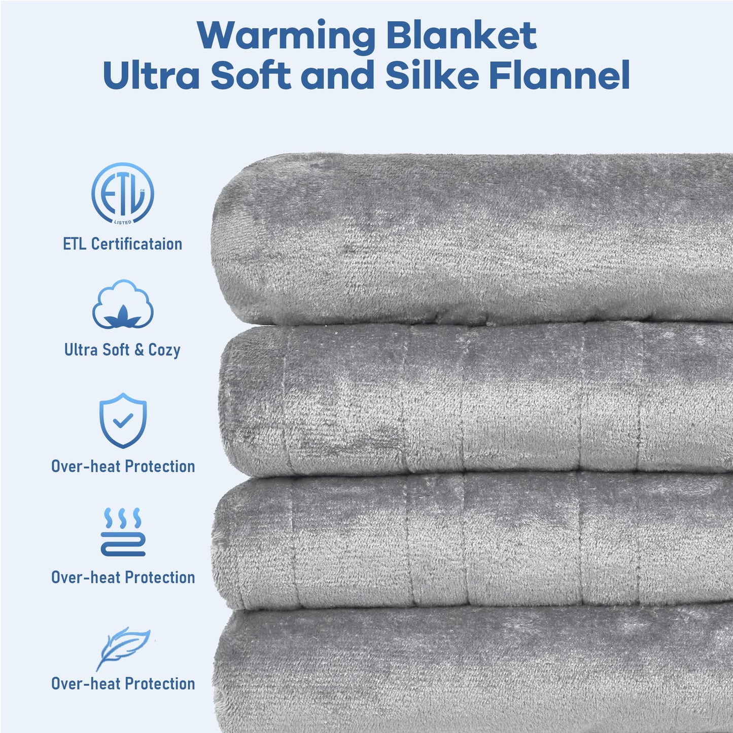 Keenstone Double-sided Flannel Electric Heated Blanket King Size Dual Control, 90"x100" Machine Washable Fast Heating Blanket with 6 Heating Levels &10 Hours Auto Off, Gray